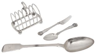 A Victorian silver fiddle pattern basting spoon and others