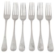 A matched set of six Victorian Old English pattern table forks