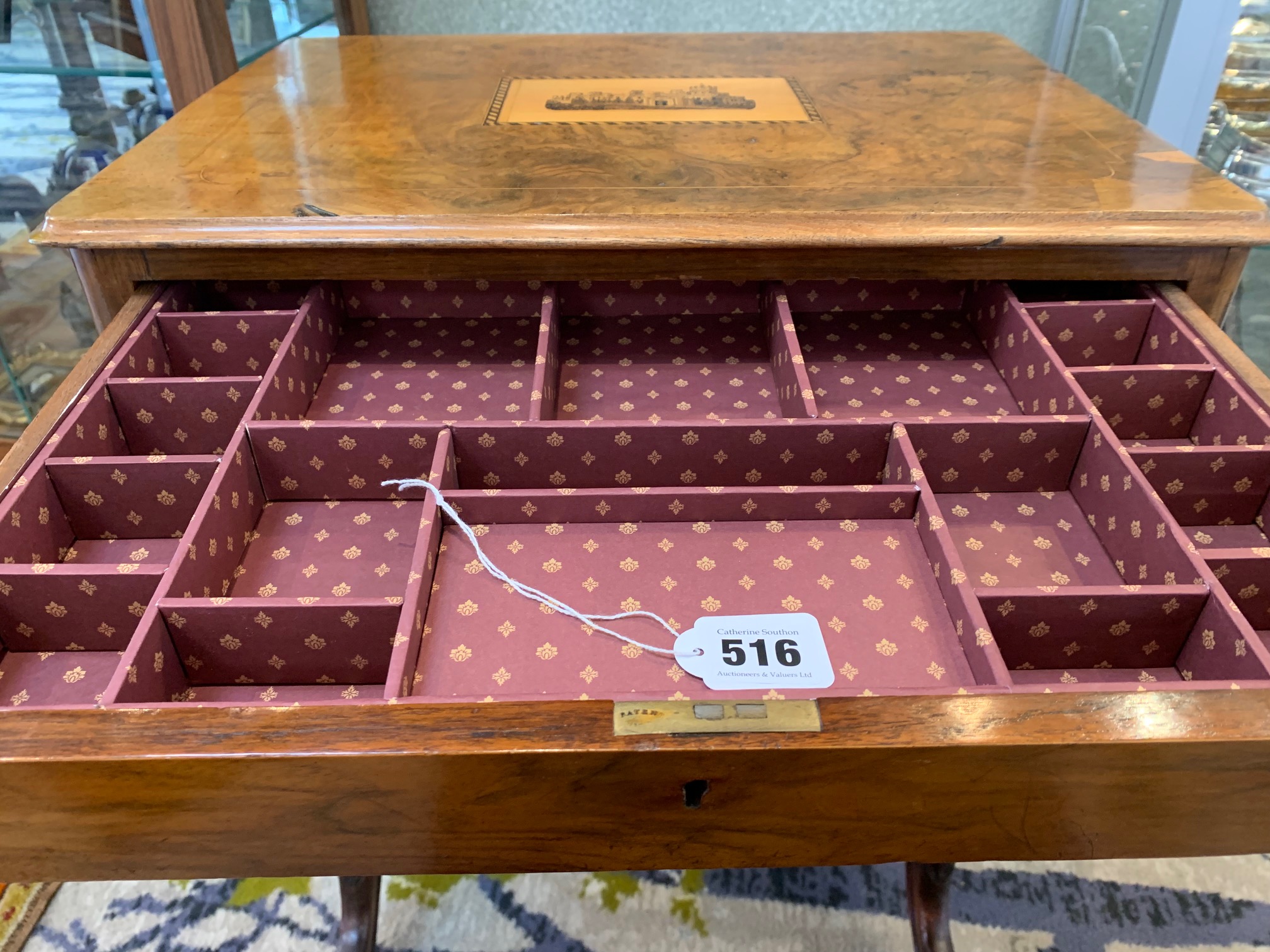 A mid Victorian figured walnut and Tunbridgeware work table - Image 6 of 13