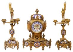 19thC. French Gothic Revival ormolu andpainted porcelain clock garniture