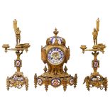 19thC. French Gothic Revival ormolu andpainted porcelain clock garniture