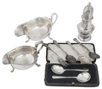 Edwardian and later silver to include sauce boats and a sugar caster