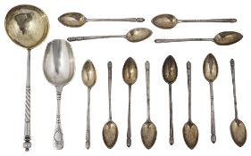 A late 19th century Russian .84 silver caddy spoon, a set of twelve coffee spoons and a spoon