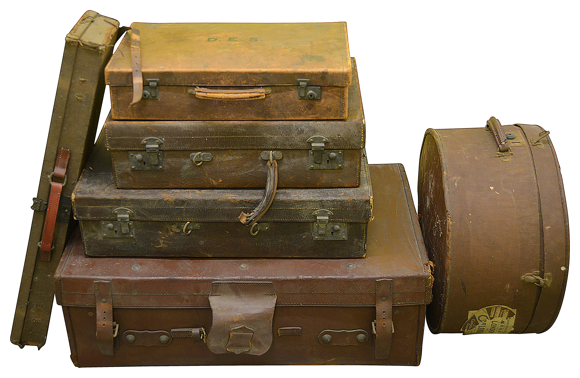 An early 20th century stitched tan leather trunk and other luggage and cases