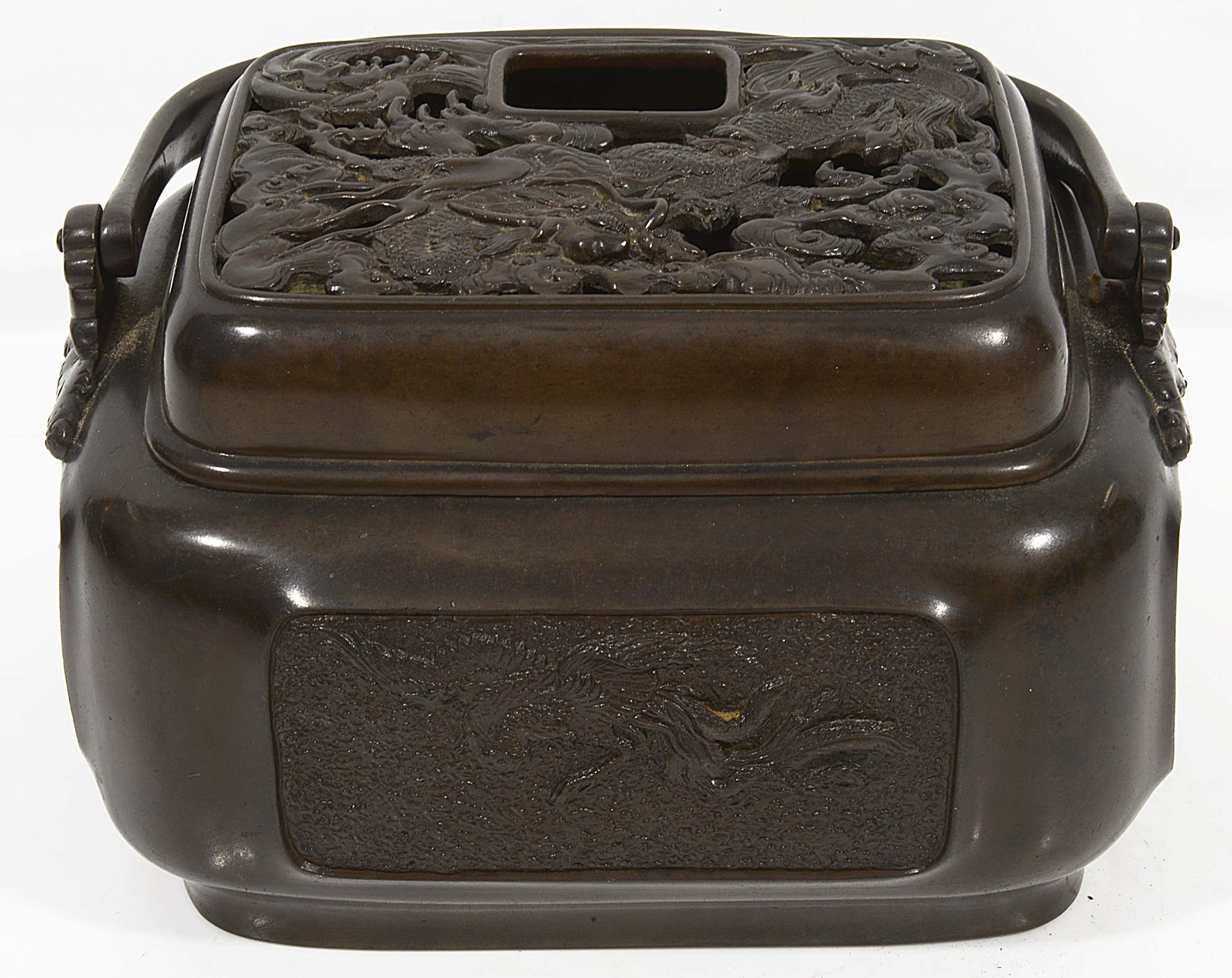 A large 19th century Chinese patinated bronze hand warmer - Image 2 of 2