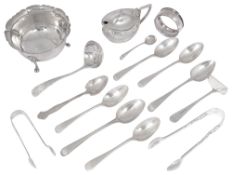 A small collection of silver to include a sugar basin and assorted spoons