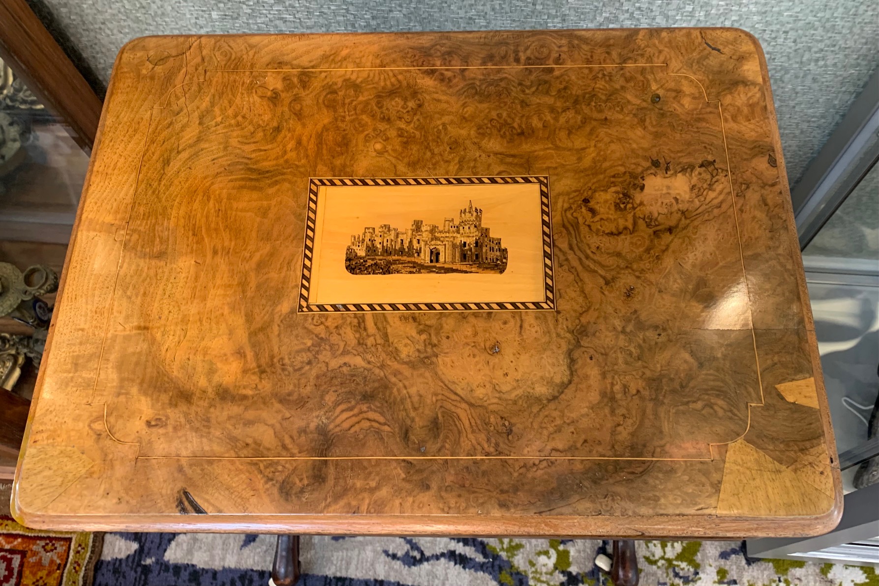 A mid Victorian figured walnut and Tunbridgeware work table - Image 3 of 13