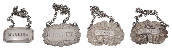 A matched pair of William IV/early Victorian silver 'Madeira' and 'Whisky' wine labels, a Scottish M