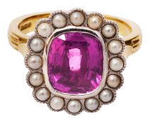 A pink sapphire and pearl cluster ring