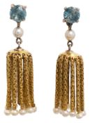 Pair of mid 20th century zircon and cultured pearl tassel ear pendants