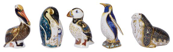 Two Royal Crown Derby paperweights of penguins and others