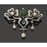 An Edwardian diamond, pearl and emerald ribbon brooch