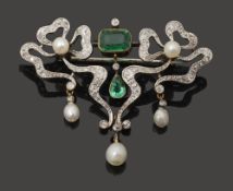 An Edwardian diamond, pearl and emerald ribbon brooch