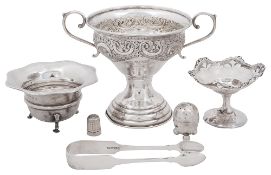 A George V silver twin handled trophy cup and other silver