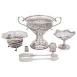 A George V silver twin handled trophy cup and other silver