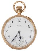 An American Waltham 10C gold open faced keyless pocket watch