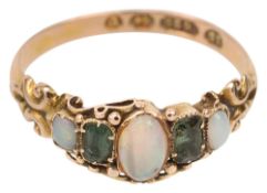 A mid 19th century 15ct yellow gold, opal and green stone five stone ring