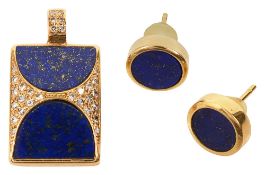 A lapis lazuli and brilliant-cut diamond-set rectangular pendant and studs