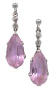 A pair of pink topaz and diamond-set ear pendants