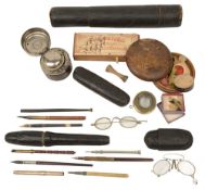 A collection 19th century dip pens, spectacles and other miscellaneous items