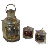A Ships galvanised steel and copper Stern lamp and a pair of port and starboard lamps by Davey and C