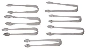 Seven pairs of George III and later silver tongs