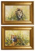 Dharbinder Singh Bamrah: Pair of oils on canvas Tiger and Lion