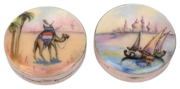 Two George V silver and painted guilloche enamel powder compacts