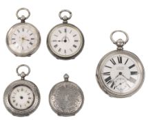 A late Victorian silver open faced pocket watch and four lady's silver fob watches