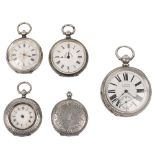 A late Victorian silver open faced pocket watch and four lady's silver fob watches