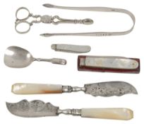 George III and later silver to include a William IV folding knife in original case, a pair of scisso