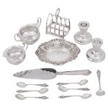 Set of six Norwegian .830 silver coffee spoons, toast rack, other silver