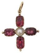 A Georgian pink tourmaline and pearl cross (pearl added later)
