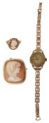 9ct cameo brooch, ring, wristwatch