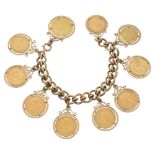 A 9ct curb link sovereign and coin bracelet