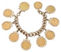 A 9ct curb link sovereign and coin bracelet