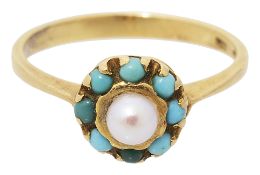 A late 19th century pearl and turquoise cluster ring