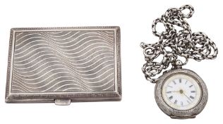 An early 20th century continental engine turned cigarette case and a Swiss silver ladys fob watch on