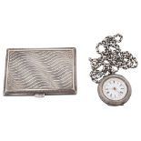 An early 20th century continental engine turned cigarette case and a Swiss silver ladys fob watch on