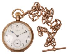 A 9ct rose gold curblink Albert watch chain and a Waltham USA gold plated keyless pocket watch