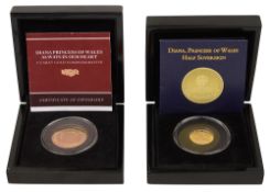 Bradford Exchange. Diana Princes of Wales cased 22ct gold half sovereign and 9ct gold limited editio