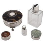 A George V silver and pique inlaid trinket pot, a shagreen pill box etc