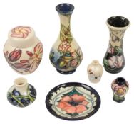 A collection of seven pieces of modern Moorcroft, some miniatures