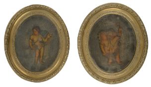 A pair of early 19th century oval wax relief pictures of putti with garlands