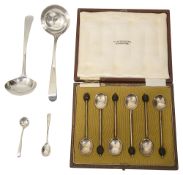 A pair of George III silver Old English pattern sauce ladles, and a cased set of six George V silver