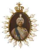 Bhupinder Singh of Patiala. An early 20th century silver-gilt portrait miniature brooch