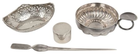 An early 20th century French .935 silver tasse de vin, a paper knife and other silver items