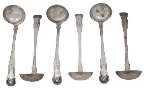 A set of six Scottish William IV silver Kings pattern toddy ladles