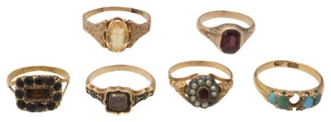 Seven mostly Georgian and Victorian gem-set and yellow gold rings