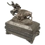 A late 19th century Meriden Britannia metal tabletop humidor mounted with the 'The Buffalo Hunt' Aft
